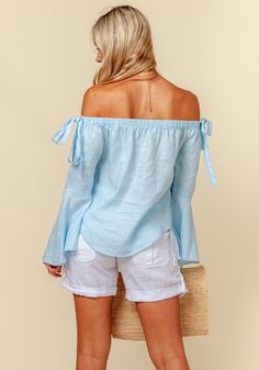 100% Linen Off The Shoulder Top With Bell Sleeves S to XXXL - Claudio Milano Summer Cold Shoulder Off-shoulder Top, Blue Cold Shoulder Tops For Spring, Blue Long Sleeve Off-shoulder Top For Spring, Blue Long Sleeve Off-shoulder Top For Summer, Blue Off-shoulder Long Sleeve Top For Summer, Blue Cold Shoulder Summer Top, Blue Cold Shoulder Top For Summer, Summer Blue Cold Shoulder Top, Fitted Off-shoulder Blouse For Vacation