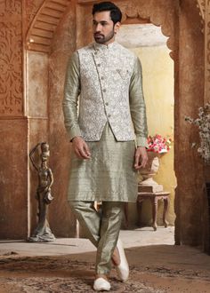 #grey #readymade #kurta #pajama #nehru #jacket #looking #handsome #new #arrivals #ethnic #outfit #ootd #mens #fashion #indian #attire #online #shopping Sage Green Jacket, Modest Wear