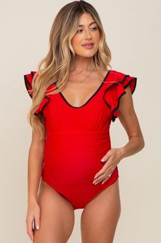 Red Color Blocked Ruffle Shoulder Cutout Back Maternity One Piece Swimsuit Maternity One Piece Swimsuit, Maternity One Piece, Layered Sleeves, Matching Sets Outfit, Pink Blush Maternity, Midi Maxi Dress, Everyday Dresses, Plus Dresses, Basic Tops