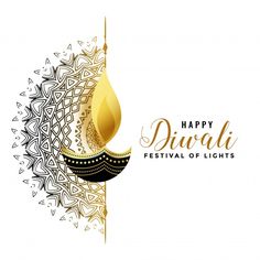 happy diwali festival of lights with gold and black decoration on white background illustration