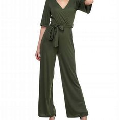 80% Poly, 16% Rayon, 4% Spandex Knit Fabric V- Neckline Front Wrap Short Sleeve Belt Loops Wit Self-Tie Sash Full Length And Wide Leg Fit Fitted Ribbed Material Green Stretch Jumpsuits And Rompers For Workwear, Versatile Stretch Jumpsuits And Rompers For Work, Versatile Spring Stretch Jumpsuits And Rompers, Versatile Stretch Jumpsuits And Rompers For Spring, Versatile Jumpsuits And Rompers For Spring Workwear, Versatile Fitted V-neck Jumpsuits And Rompers, Green Wide-leg Jumpsuit For Work, Green V-neck Jumpsuit For Work, Versatile Fitted V-neck Jumpsuit