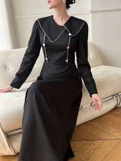 Women's Elegant Asymmetric Collar Long Dress, Spring/Autumn Black Elegant  Long Sleeve Woven Fabric Colorblock,Plain A Line Non-Stretch  Women Clothing, size features are:Bust: ,Length: ,Sleeve Length: Black Asymmetrical Hem Midi Dress For Fall, Elegant Black Long Sleeve Asymmetrical Dress, Elegant Black Asymmetrical Long Sleeve Dress, Fall Party A-line Asymmetrical Dress, Asymmetrical Office Dresses For Fall, Asymmetrical Fall Office Dresses, Black Asymmetrical Dress For Fall, Chic Asymmetrical Long Sleeve Dress For Fall, Asymmetrical Midi Dress For Office In Fall