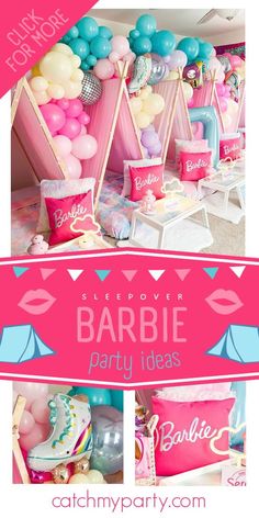 a pink and blue party with lots of balloons