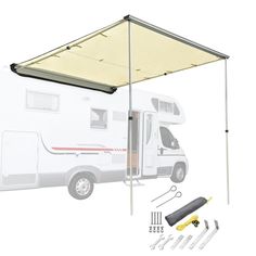 the awning is set up to provide shade for an rv's camper