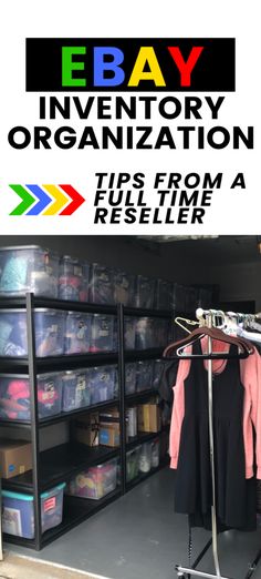 the inside of an organized closet with shelves and bins filled with items for sale