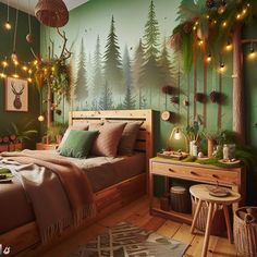 a bedroom decorated in green and brown with trees on the wall, lights strung from above