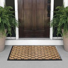 two planters on either side of the front door and an entrance mat in between them