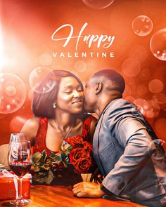 a man and woman are kissing in front of a valentine's day card with bubbles