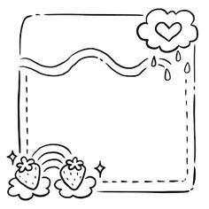 a black and white drawing of two strawberries in the rain with clouds above them