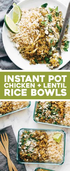 instant pot chicken and lentil rice bowls with lime wedges