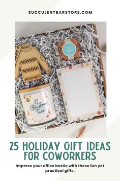 the 25 holiday gift ideas for coworkers are in a box with text overlay