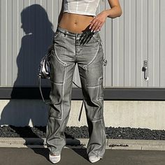 Ripped Top, Lace Ankle Boots, Street Fits, Grey Cargo Pants, Skirt And Top Set, Baggy Trousers, Aesthetic Women