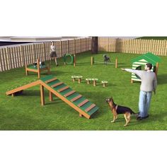 a man standing next to a dog on top of a grass covered field near a playground