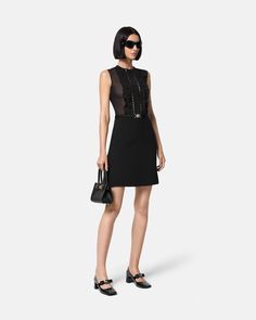 A-Line Silk Georgette Mini Dress Black | VERSACE US Versace Bathrobe, Versace Gifts, Versace Shorts, Evening Mini Dresses, Soft Gamine, Top With Ruffles, Georgette Tops, Dress Gallery, Sunglasses Logo