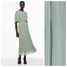 Nwt. Zara Sea Green Pleated Midi Dress With Round Neckline, Short Sleeves, Elastic Waste, Interior Lining, Back Opening With Button Closure. Size S. Ref. 8741/250. Pit To Pit 16" Flat, Shoulders 14", Sleeves 11", Waist 12,5", Length 51". Bs Green Pleated Sleeve Dress For Work, Green Pleated Midi Dress For Daywear, Green Workwear Dress With Pleated Sleeves, Green Spring Dress With Pleated Sleeves, Spring Green Dress With Pleated Sleeves, Chic Green Dress With Pleated Sleeves, Spring Maxi Dress With Pleated Sleeves, Flowy Pleated Midi Dress For Work, Flowy Dress With Pleated Waist For Workwear