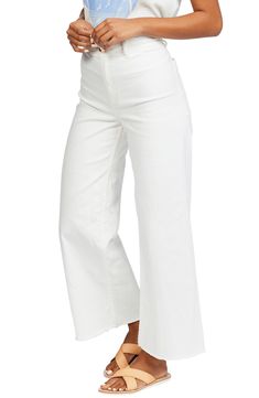 Dial in a retro vibe in these wide-legged pants cut to a cute, cropped length. 27 1/2" inseam; 20" leg opening; 11 1/2" front rise; 14 1/2" back rise (size 25) Zip fly with button closure Back patch pockets 98% cotton, 2% elastane Machine wash, tumble dry Imported Women's Clothing Beach Wide Leg Pull-on Pants, Non-stretch Cream Wide Leg Bottoms, White High-waisted Wide Leg Beach Pants, Cream Wide Leg Non-stretch Bottoms, White Rayon Wide-leg Pants, Salt Crystal, Cropped Wide Leg Pants, Free Falling, Retro Vibe