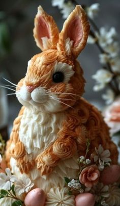 an orange and white rabbit figurine with flowers