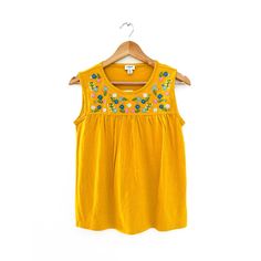 Chest - 17" (Across) Length - 24" Flowy Tank Top With Embroidered Flowers Nwt Size Xs Spring Yellow Top With Floral Embroidery, Yellow Floral Embroidered Top For Spring, Spring Yellow Floral Embroidered Top, Fitted Yellow Tops With Floral Embroidery, Yellow Cotton Tops With Floral Embroidery, Fitted Embroidered Yellow Tops, Fitted Yellow Embroidered Tops, Casual Yellow Embroidered Cotton Top, Boho Tank Top