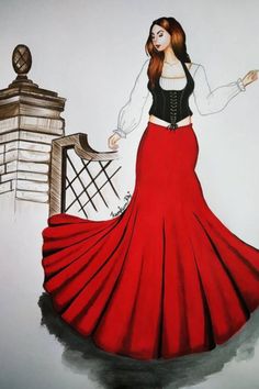 a drawing of a woman in a red skirt