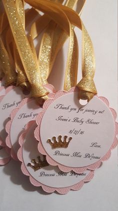 pink and gold princess baby shower tags with golden glitter crown on each tag, set of 10