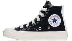 High-top canvas sneakers in black. · Rubber cap toe · Lace-up closure · Logo graphic printed at outer side · Eyelet vents and logo bonded at inner side · Webbing trim at heel · Logo embossed at heel · Canvas lining · Treaded rubber sole Part of the Comme des Garçons Play x Converse collaboration. Supplier color: Black Converse US Size: child's foot length 10: 6.6 / 16.8 cm 10.5: 6.8 / 17.3 cm 11: 7 / 17.8 cm 11.5: 7.17 / 18.2 cm 12: 7.3 / 18.5 cm 12.5: 7.5 / 19.1 cm 13: 7.6 / 19.3 cm 13.5: 7.8 / Black Sporty High-top Sneakers With Embroidered Logo, Black Sporty High-top Sneakers With Logo Patch, Black High-top Sneakers With Embroidered Logo, Black Canvas Sneakers With Logo Print, Black High-top Sneakers With Logo Print, Black Canvas Sneakers With Embroidered Logo, High-top Canvas Shoes With Embroidered Logo For Streetwear, Casual Black Canvas Shoes With Embroidered Logo, Black Cotton Sneakers With Gum Sole