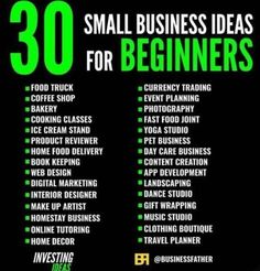 the 30 small business ideas for beginners are shown in green and black with text