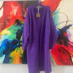 Brand New Never Used Italian Wool Long Cardigan Duster: Purple, Os (S-Xl) Long Purple Winter Outerwear, Purple Knitted V-neck Cardigan, Casual Purple Soft Knit Cardigan, Purple V-neck Knitted Cardigan, Oversized Purple Knit Cardigan, Purple Winter Cardigan For Layering, Purple Winter Loungewear Sweater, Chic Purple Winter Sweater, Purple Long Sleeve Cardigan For Layering