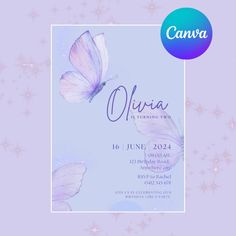 a purple and blue birthday card with two butterflies on it, in front of stars