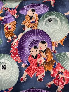 an image of people with umbrellas in the rain on a blue background that looks like japanese fabric