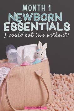 a bag filled with baby items sitting on top of a pile of knitted blankets