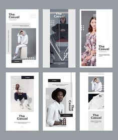 four brochures designed to look like men's clothing with different styles and colors