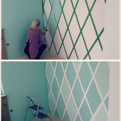 two pictures of a woman painting a wall with green and white stripes on the walls