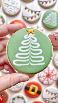 a hand holding a decorated christmas cookie in front of a wall of decorated sugar cookies