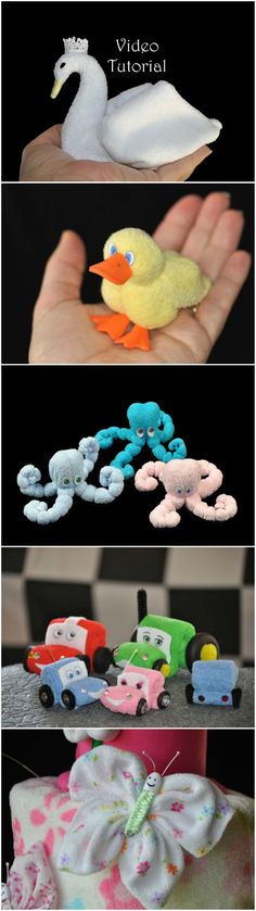 four different pictures of toy cars and ducks in the process of being made with felt