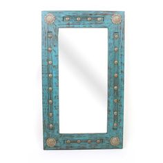 a blue frame with rivets on the sides and a mirror in the middle