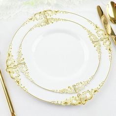 White Gold Vintage Plastic Dessert Plates Introducing our decorative Disposable Plastic Plates! Made from high-quality food grade plastic material, they are sturdy and durable, yet still lightweight and easy to handle. But what really sets them apart is the elegant design and intricate metallic detailing. White Gold Leaf Embossed Baroque Party Plates White Gold Leaf Embossed Baroque Party Plates If you're looking for some elegant and affordable disposable tableware for your next big event, then White And Gold Plates, Baroque Party, Moms 60th, Disposable Plastic Plates, Plates White, Gold Wedding Decorations, Gold Baroque, Wedding Plates, Dessert Salads