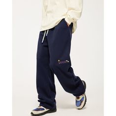 Fall Embroidered Wide-Leg Navy Blue Sweatpants  Material: 62% Cotton + 38% Polyester   Size: S, M, L, XL, Color: Navy Blue, Beige  Season: Spring, Fall,   Occasion: Leisure, Outdoor, Daily, Vacation,Fall Outfits Casual Embroidered Blue Pants, Embroidered Relaxed Fit Casual Pants, Embroidered Relaxed Fit Bottoms For Streetwear, Casual Embroidered Pants For Loungewear, Blue Baggy Straight Leg Sweatpants, Casual Embroidered Straight Pants, Blue Embroidered Straight Leg Bottoms, Casual Blue Baggy Sweatpants, Baggy Blue Casual Sweatpants