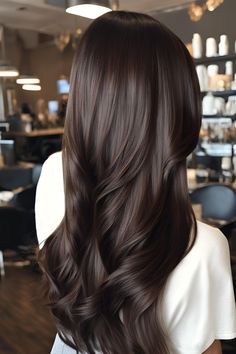 Medium Long Dark Brown Hair, All Over Rich Brown Hair Color, Dark Brown Shades Of Hair, Cool Shades Of Brown Hair, All Over Dark Hair Color, Dark Frosted Brown Hair, Rich Dark Brunette Hair Color, Chocolate Brown Hair Glaze, Rich Brunette Hair With Dimension