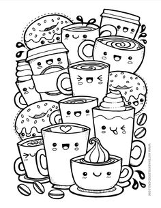 a coloring page with coffee cups and doughnuts in the middle, surrounded by donuts