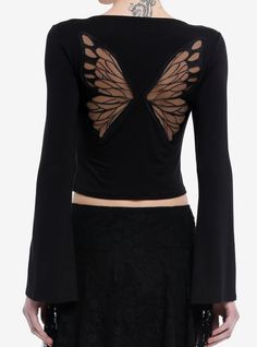 Flutter into your dark fairy era in this black top! It has a cropped fit and features a butterfly embroidered at the chest and a mesh butterfly design on the back. Complete with bell sleeves.95% rayon; 5% spandexWash cold; dry flatStretchy materialLength: 17''ImportedListed in junior sizesModel is 5'10''Model wears size Small Aura Butterfly, Pixie Hallow, Winx Outfits, Butterfly Stuff, Cosmic Aura, Butterfly Clothes, Emily The Strange, Butterfly Shirt, Birthday Stuff