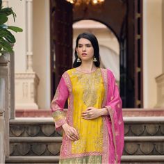 Fabric Details :-Top :- Semi Pure ChinonBottom :- Semi Pure ChinonInner :- Dull SantoonDupatta :- Semi Pure ChinonTop Length :- Max up 40" to 42" InchesSize :- Max up 46" InchesWork :- Heavy Embroider Work Style :- Salwar Kameez Plazzo SuitsType :- Ready to WearWash :- First Time Dry Clean Straight Kurta Salwar Kameez With Cutdana In Banarasi Silk, Straight Kurta Salwar Kameez In Banarasi Silk With Cutdana, Yellow Art Silk Churidar For Transitional Season, Wedding Straight Kurta In Jamawar, Banarasi Silk Churidar With Chikankari Embroidery For Eid, Straight Kurta In Jamawar For Wedding, Bollywood Style Banarasi Silk Churidar With Chikankari Embroidery, Jamawar Straight Kurta For Weddings, Wedding Jamawar Straight Kurta