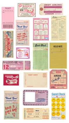 many different types of tickets and numbers on a white background