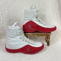 Super Rare Air Jordan Roy Jones Jr ( Rjj) Boxing Shoes Leather & Suede Size 10 Color Red & White Lace Up Boots Shoes Toy Jones Jr Rjj Jordan Jump Man Rjj Embossed On The Both Side Jump Man Logo Jones Embroidered On The Tongue Shoes Jordan On The Back Accomplishments Of Roy Jones Jr On The Bottom Of The Shoes Material Leather & Suede Made In 2003 Condition These Shoes Are Considered Vintage (21 Years) And As Vintage Shoes Are In Great Shape Have Minor Pilling On The Interior And Signs Of Wear Please See All Pictures Reasonable Offers Are Welcome Bundle 2 Or More Discount 20% & Discount Shipping (Bundle Your Items/ "Like" And I Will G White Lace Up Boots, Roy Jones Jr, Boxing Shoes, Shoes Jordan, Man Logo, Shoes Leather, Boots Shoes, Vintage Shoes, Jordan Shoes