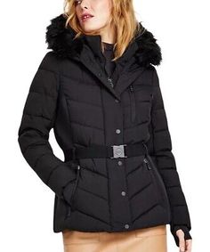 Trendy Fashion Michael Michael Kors Women Scuba Belted Hood Faux Fur Coat Jacket Black XL, Women's Clothing Fitted Hooded Puffer Jacket For Workwear, Fitted Outdoor Outerwear With Faux Fur Trim, Fur Hooded Coat, Fur Hood Coat, Faux Fur Coat, Fur Trim, Vest Jacket, Trendy Fashion, New Fashion