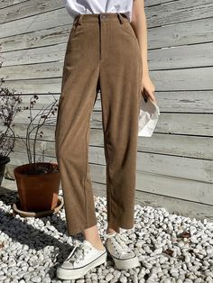 Coffee Brown Casual Collar  Corduroy Plain Straight Leg Embellished Non-Stretch Fall/Winter Women Clothing Cozy School Outfits, Outfit Planner, Corduroy Pants Women, Academia Outfits, Teaching Outfits, Women Pants, Coffee Brown, Straight Leg Trousers, Petite Outfits