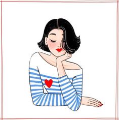 a drawing of a woman with her hand on her chin, wearing a blue and white striped shirt