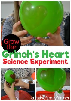 an image of a green balloon being held by someone's hand with text overlay that reads grow the grin's heart science experiment