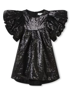 black sequin design flared gathered detailing crew neck concealed rear zip fastening short puff sleeves straight hem Marc Jacobs Dress, Dress With Jean Jacket, Formal Dress Shops, Ceremony Dresses, Dolce And Gabbana Kids, American Fashion Designers, Designer Kids Clothes, Dresses Kids Girl, Junior Dresses