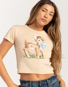 Rsq Deer Baby Tee. Large Graphic Screened On Front. Ribbed Crew Neckline. Short Sleeve. Shrunken Fit. 100% Cotton. Machine Wash. Imported. Model Is Wearing A Size Medium. Model Measurements:height: 5'7" Bust: 34.5"waist: 27"hips: 38" Deer Graphic, Flannel Sweatshirt, Graphic Baby Tee, Deer Baby, Graphic Trends, Open Knit Sweater, Baby Deer, Zara Kids, Boy Tees