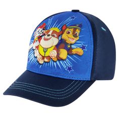 the paw patrol baseball hat is blue and has an image of two dogs on it